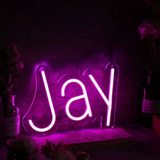Jay Name LED Neon Sign in customizable LED tubing, personalized wall-mounted name light décor by Neon.Shop for bedrooms, events, and gifts.