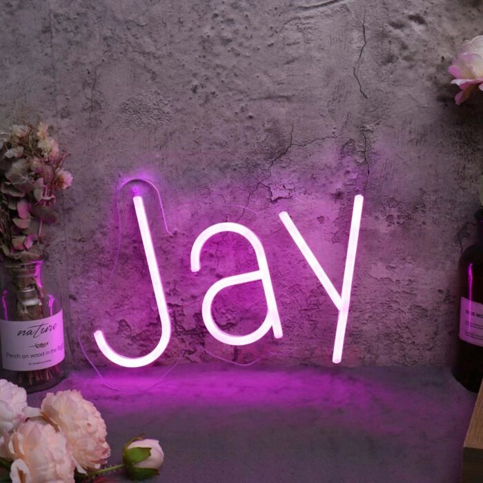Jay Name LED Neon Sign in customizable LED tubing, personalized wall-mounted name light décor by Neon.Shop for bedrooms, events, and gifts.
