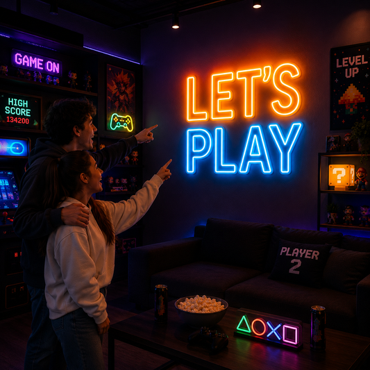 Neon Sign "Let's Play" Vibrant Gaming Room Wall Art
