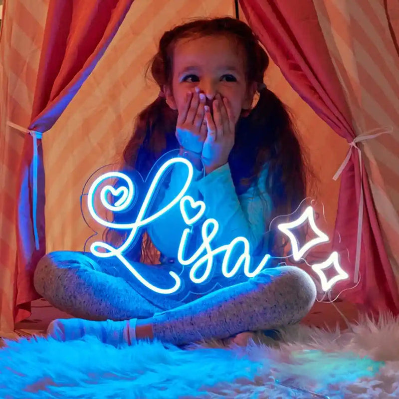 LISA LED Neon Name Sign by Neon.Shop adding vibrant LED glow to bedrooms, home offices, and living spaces.