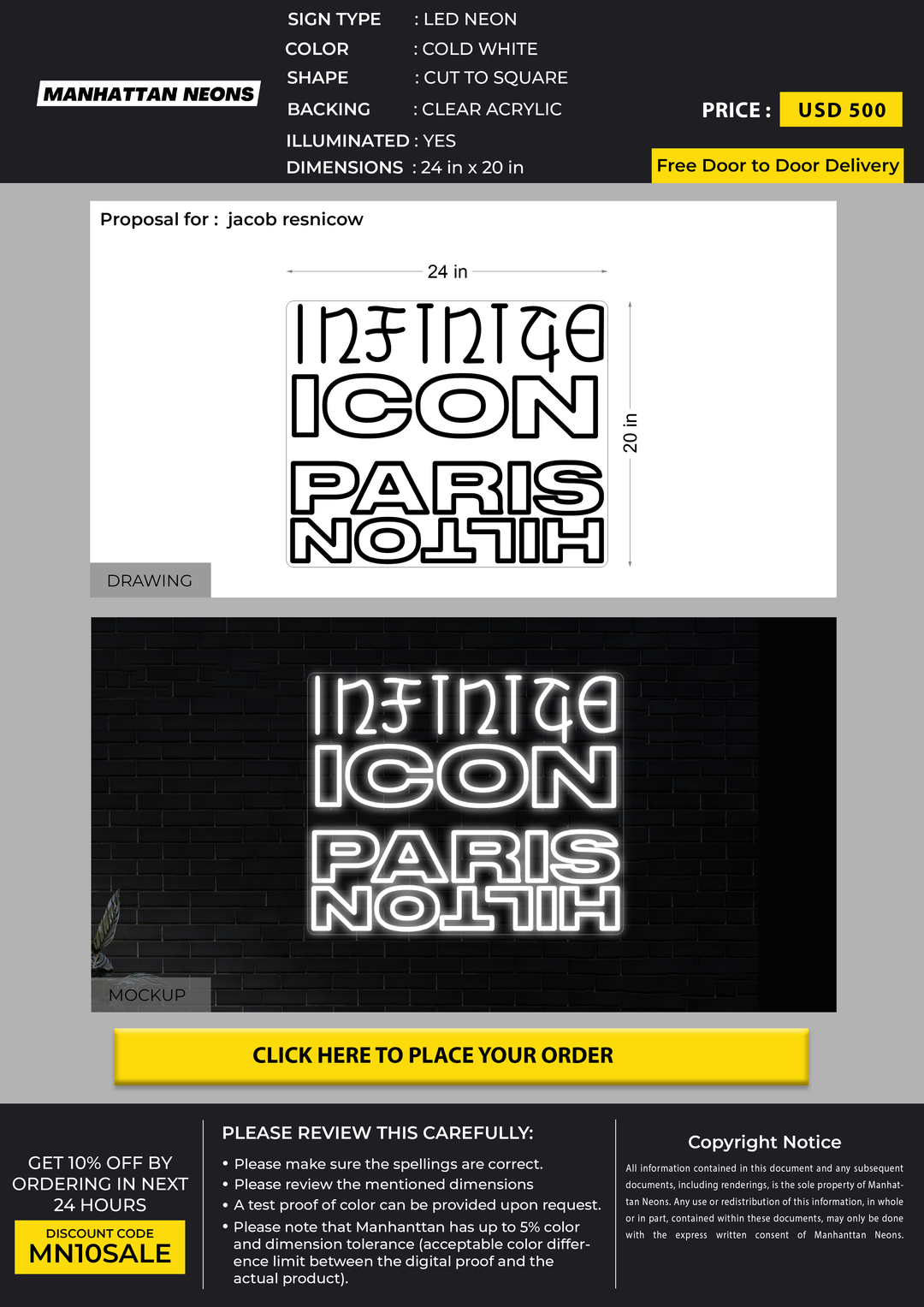 LED neon sign for jacob resnicow