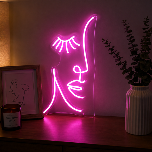 Minimalist Neon Face LED Sign  Pink Glow Wall Art