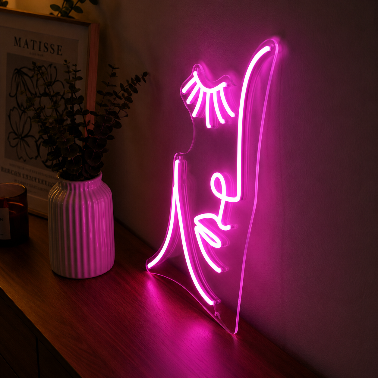 Minimalist Neon Face LED Sign  Pink Glow Wall Art
