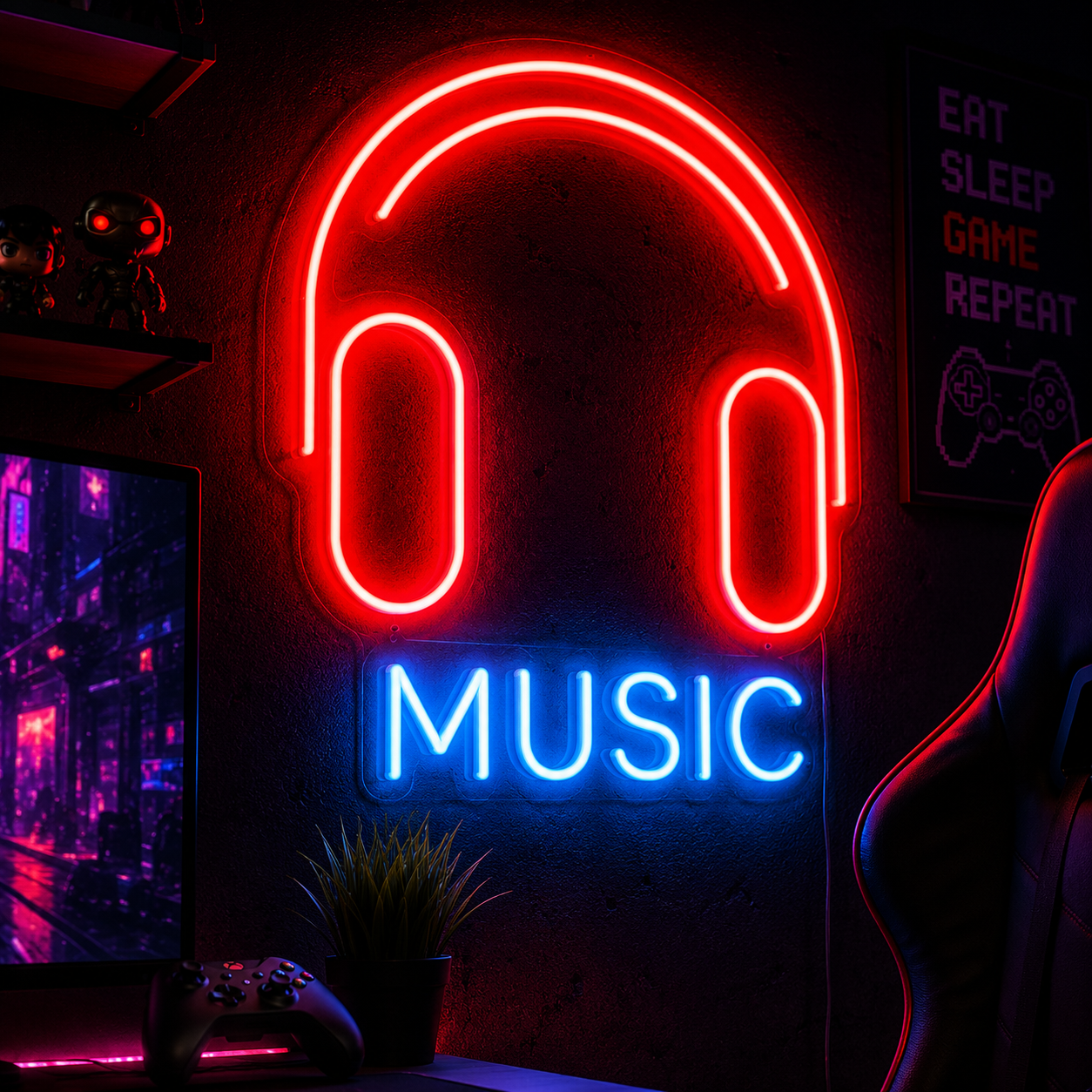 Neon Music Sign “Music Vibes” Gaming & Entertainment Room Wall Art