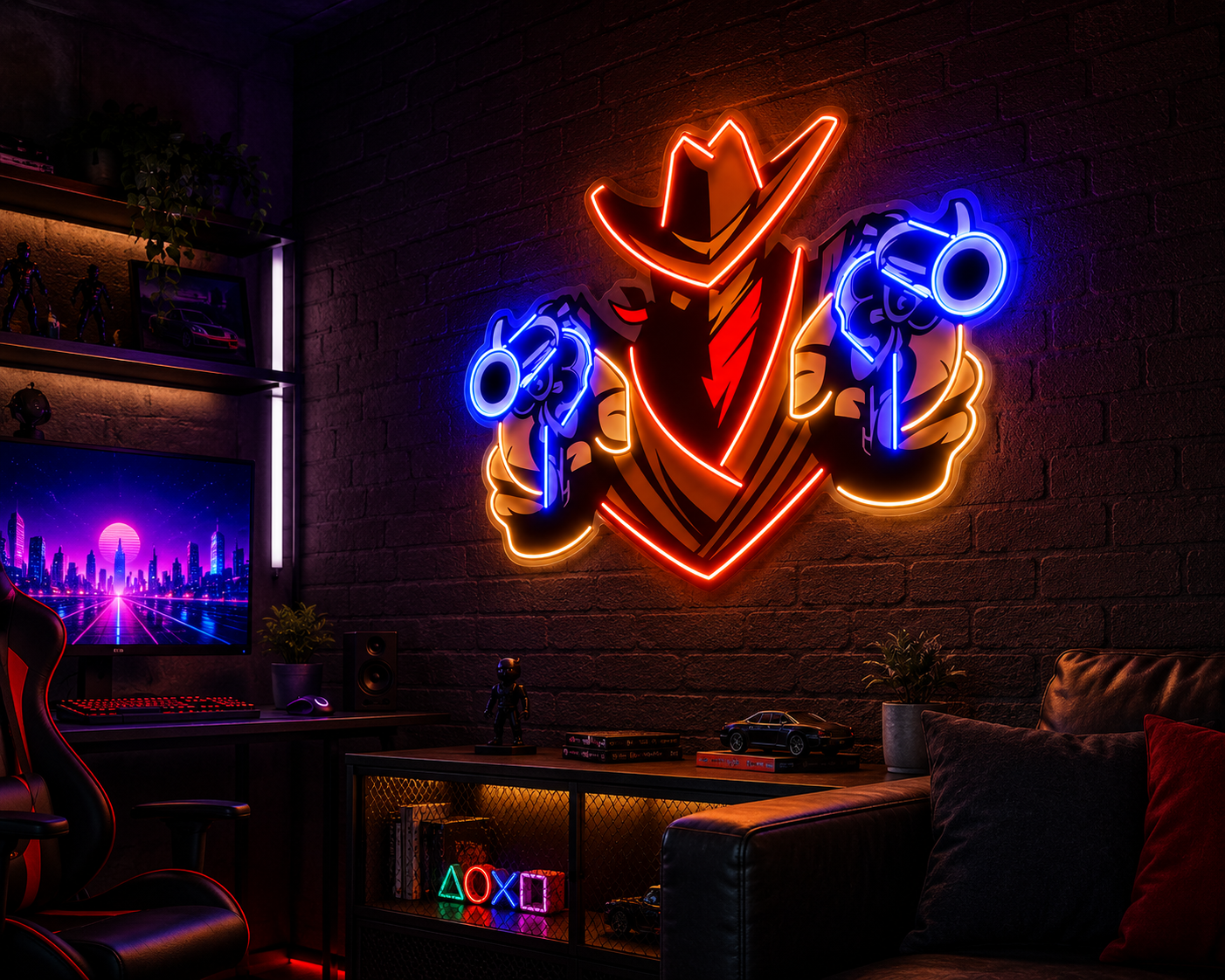 Neon Cowboy Duel Wall Sign
