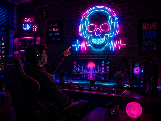 Skull Headphones Neon Sign  Gamer Room Wall Art