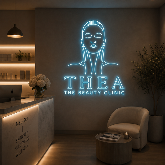 Luxurious “THEA The Beauty Clinic” LED Neon Sign Elegant Spa & Med Clinic Wall Decor