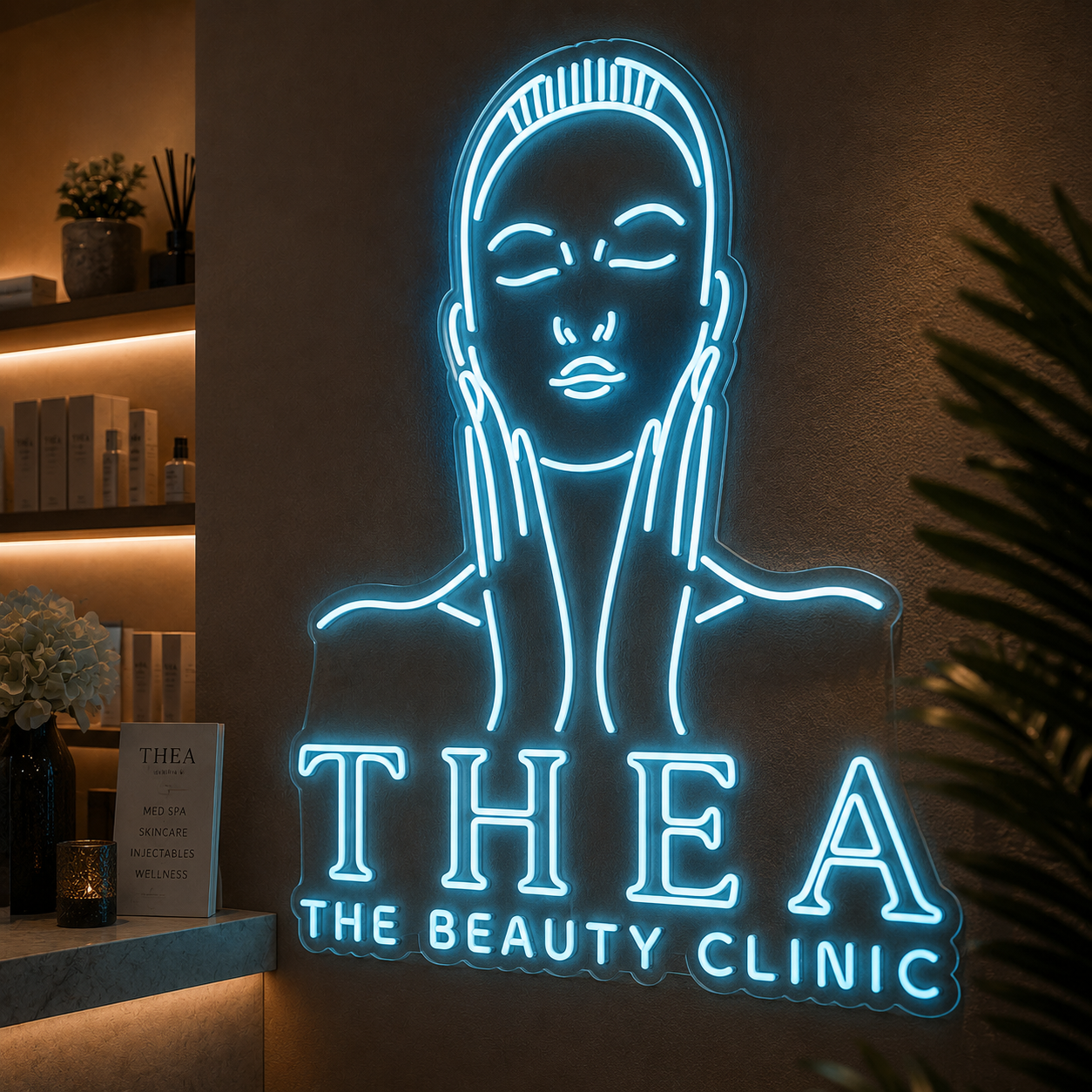 Luxurious “THEA The Beauty Clinic” LED Neon Sign Elegant Spa & Med Clinic Wall Decor