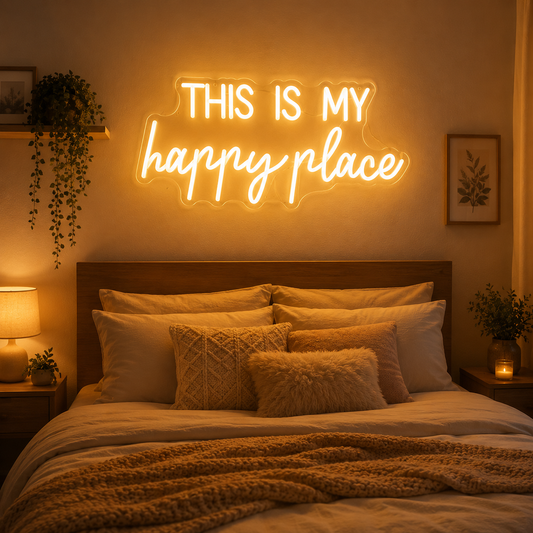 This Is My Happy Place Warm White LED Neon Sign for Cozy Bedrooms