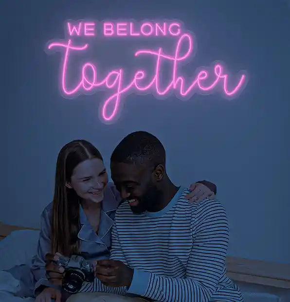We Belong Together Wedding LED Neon Sign glowing at reception by Neon.Shop