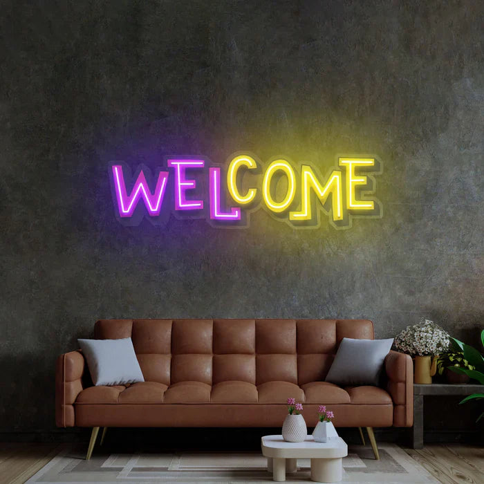 Welcome UV Art LED Neon Sign in purple and yellow colour by manhattanneons.com
