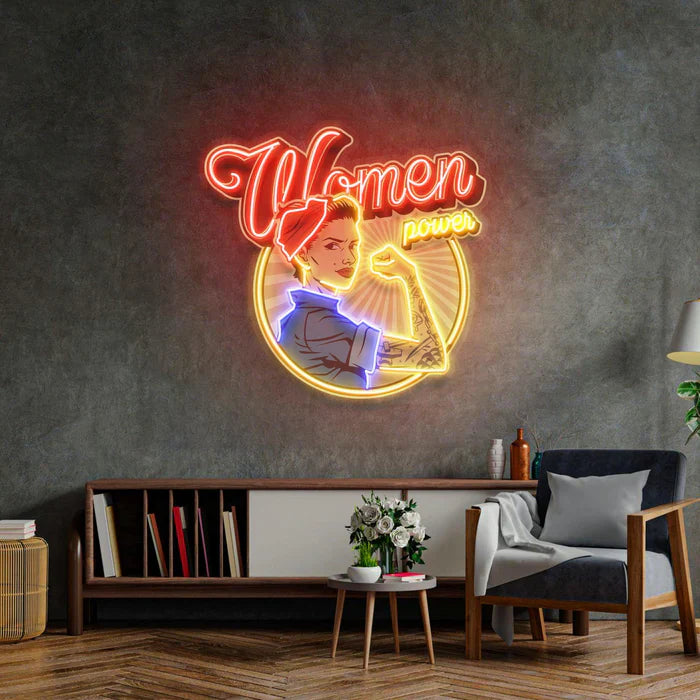 Women In Power UV Art LED Neon Sign in red and yellow colour by manhattanneons.com