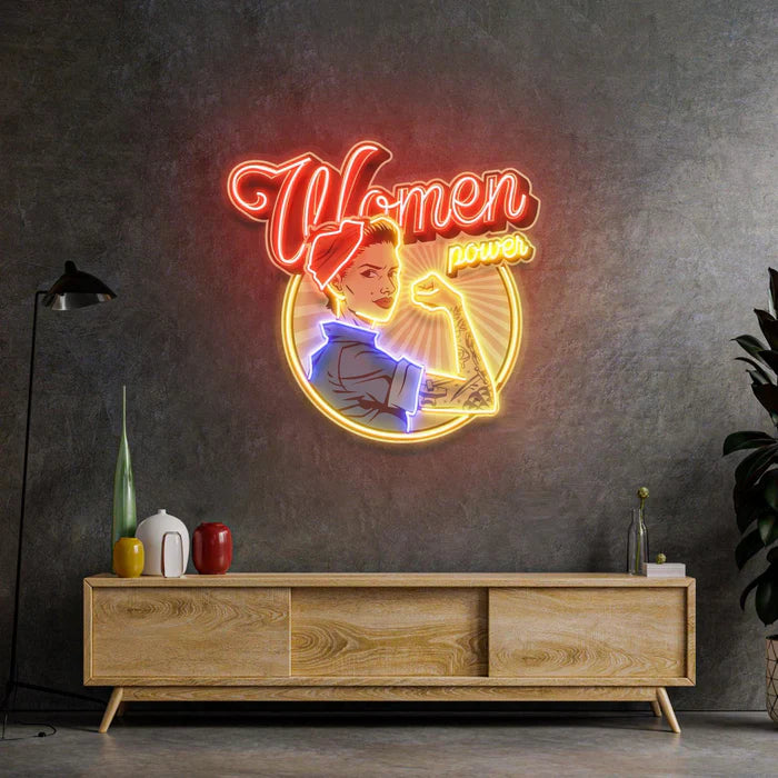 Women In Power UV Art LED neon sign with bold empowering design glowing in vibrant colors by Neon.Shop