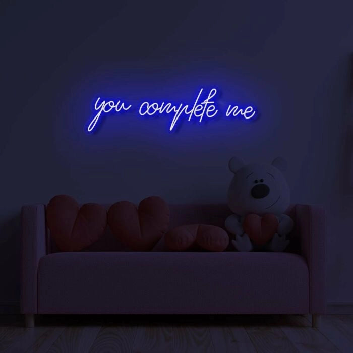 You Complete Me Wedding LED Neon Sign glowing at reception by Neon.Shop  - Dark Blue 